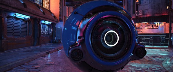 The neon lights of the city of the future are reflected on the surface of a futuristic device. Wallpaper in the style of cyberpunk. 3D illustration.