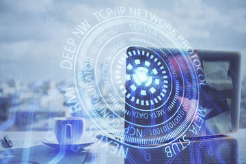 Fototapeta premium Double exposure of computer and technology theme hologram. Concept of freelance work.