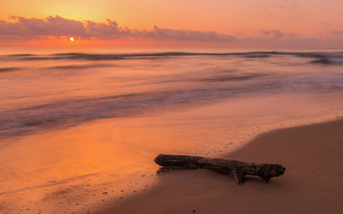 Salida de sol en una playa de España con un tronco que trajo la marea