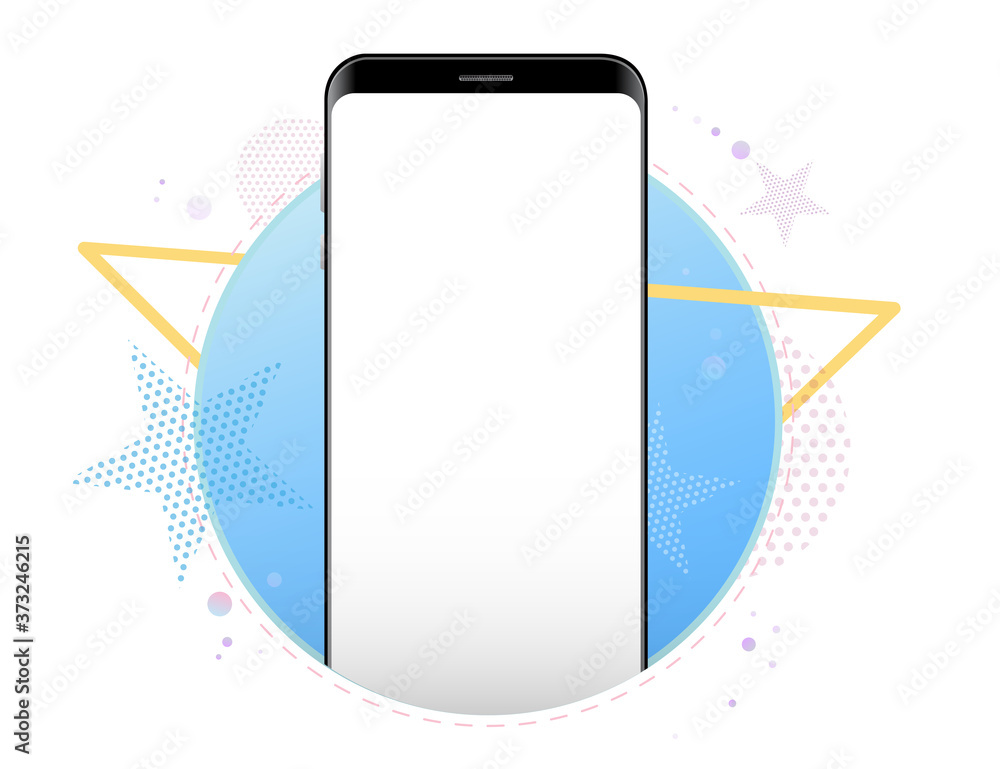 Sticker mobile phone vector mockup with geometric abstract background. frameless black smartphone front view