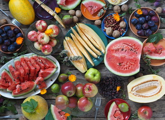 Thanksgiving Day. Table with fresh natural fruits. A healthy vegetarian meal made from fruits grown on our own land.