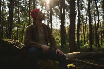 Young man sits on tree in the forest. Male traveler enjoys nature rests sitting on log in pine forest.