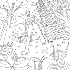 Black and white outline colouring book anti-stress, man, mushroom picker with a basket picking mushrooms in a pine forest