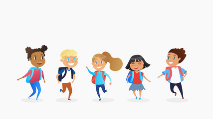 Multiracial boys and girls with schoolbags running to school. Back to school concept.