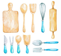 Watercolor set with kitchen utensils isolated on white background. Vintage culinary сlipart. Kitchen icon in retro style. Hand drawn cooking elements perfect for card, food blog and logo design