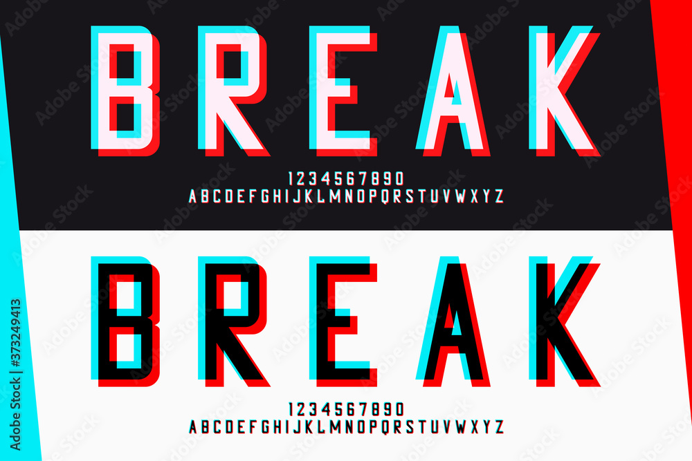 Poster glitch san-serif letters and numbers. glitched alphabet design. font with distortion and blue-red gl