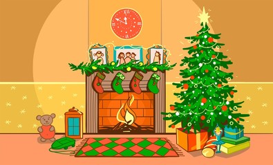 Christmas living room. Night interior on new year s eve with a fireplace, clock, garland with lights, Christmas tree, gifts, stockings. Holiday card in a flat style for greeting the winter season