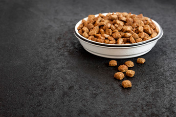 Dry pet food in a white ceramic bowl on black background with copy space