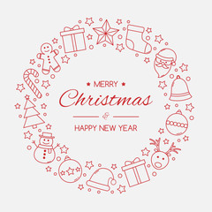 Christmas wreath made of holiday elements with greetings. Xmas decoration. Vector