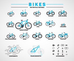 Bicycles various types and accessories.
