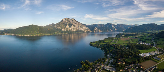 Gmunden / Altmünster Traunsee with Transtein in the background austrian lake aerial