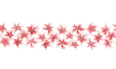Seamless border with pink watercolor lilies, single elements on a white background. Watercolor illustrations for design of postcards, weddings, invitations, fabrics, printing.