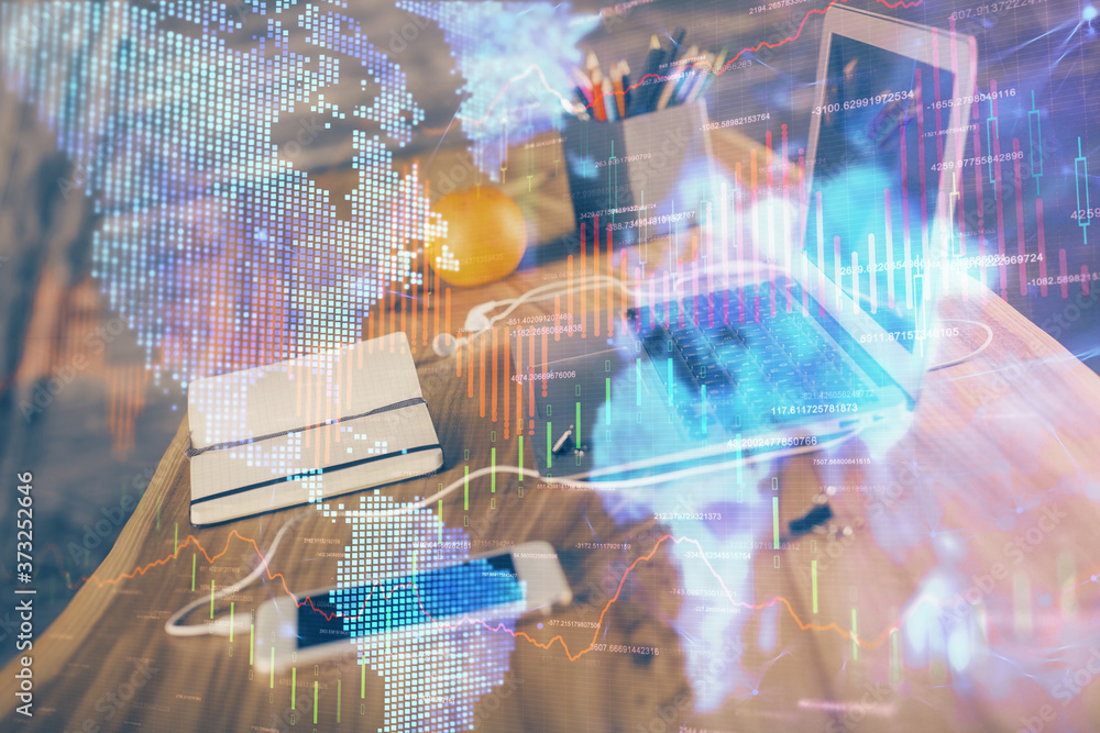 Aufkleber Financial graph colorful drawing and table with computer on background. Double exposure. Concept of international markets.