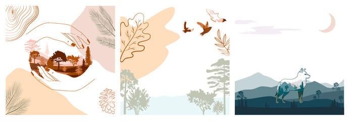 Set of abstract square background with autumn forest, animals, plants in one line style and abstract shapes. Background for mobile app page minimalistic style. Vector illustration