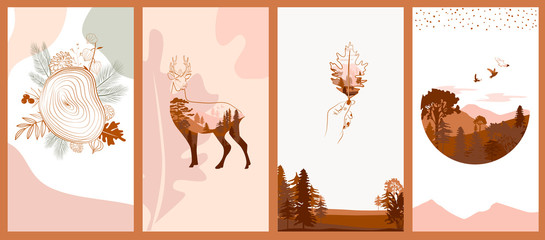 Set of abstract vertical background with autumn forest, animals, leaves in one line style and abstract shapes and landscape. Background for social media minimalistic style. Vector illustration