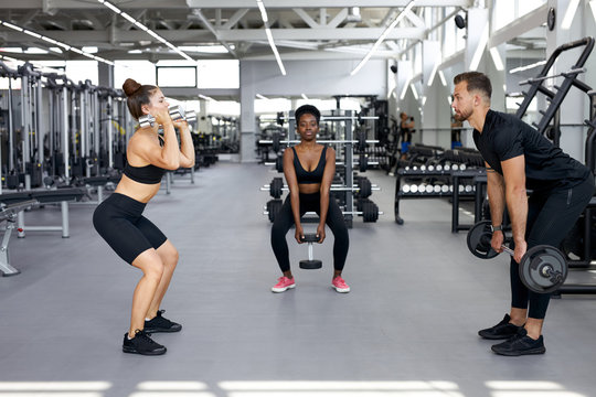 sportive people, multiethnic group perform exercises with heavy weights in gym. young diverse man and women workout, have muscular body - Powered by Adobe
