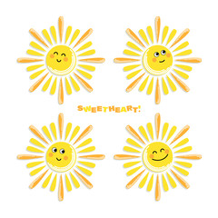 Cartoon suns. Set. SWEETHEART. Funny characters for toddlers background.Newborn clothes.