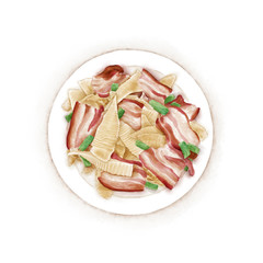 Watercolor Illustration of Chinese Cuisine - Stir-fried bacon with winter bamboo shoots on a plate | 冬笋炒腊肉