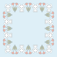 Cute frame with cartoon funny rabbits and flowers. Romantic design for a postcard. Vector kawaii illustration.