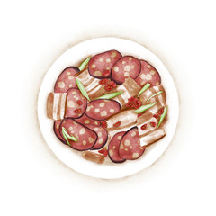 Watercolor Illustration of Chinese Cuisine - Stir-fried sausage bacon with chili on a plate | 腊肠炒腊肉