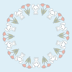 Cute frame with cartoon funny rabbits and flowers. Romantic design for a postcard. Vector kawaii illustration.