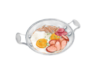 Watercolor Illustration of breakfast in Thailand - Pan-fried egg with toppings (Vietnamese sausage, Chinese sausage, Frankfurter sausage) 
