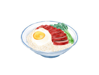 Watercolor Illustration of Chinese Cuisine - Barbecued pork and fried egg on cooked rice in a bowl. This is a famous dish in the movie 