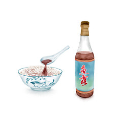 Watercolor Illustration of Chinese Cuisine - Steamed rice stirred and mixed with fish sauce in a bowl, a bottle of fish sauce next to it  | 鱼露拌饭