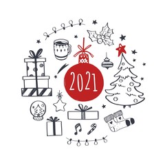 Set of Christmas design doodle elements with Merry Christmas 2021