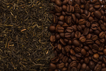 Background of tea leaves. Black and green tea and coffee beans