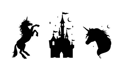 Fairy tale vector silhouette collection with Unicorn and Castle . Templates for interiors decor, prints, posters