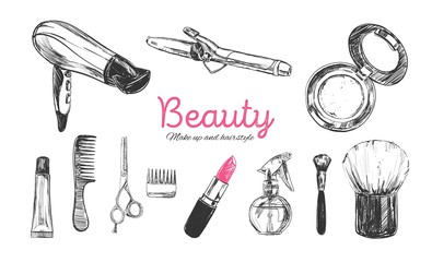 Beauty store background with make up artist and hairdressing objects lipstick, cream, brush. Template Vector. Hand drawn isolated objects