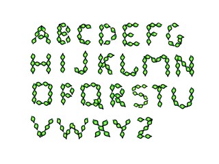 Alphabet latin vector green, ecology theme, leaves. Letters, hand drawing. Font illustration color 