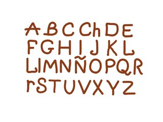 Alphabet spanish vector brown, hand drawing. Font illustration color 