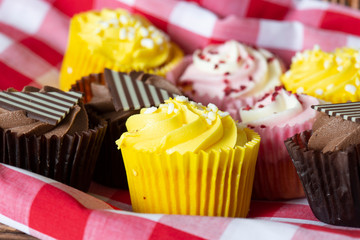 Variety of cupcakes in a wicker picnic basket.  With gingham cloth