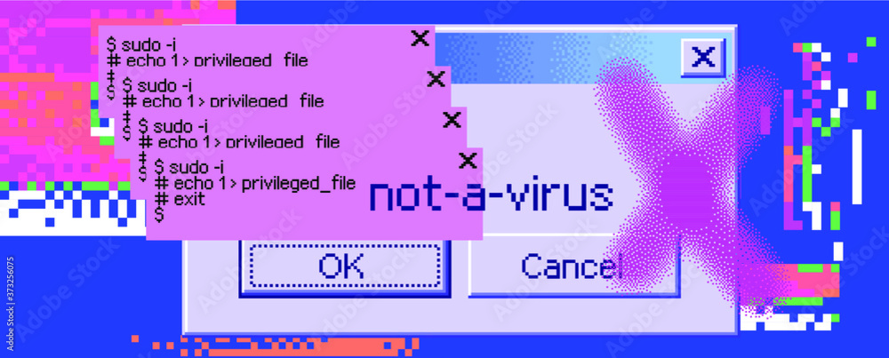 Fototapete Conceptual illustration of a virus programm, malware, hacker attack. Infected computer screen with warning messages and buggy and glitchy pixels.