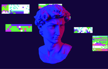 Cyberpunk-style collage with plaster 3D head and pixel artifacts. Vaporwave and retrowave aesthetics from the 80s.