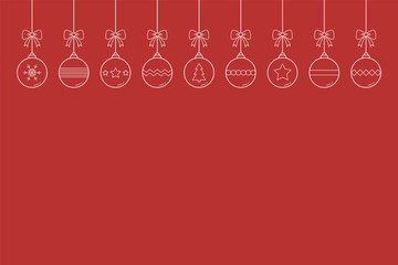 Hanging Christmas balls on red background with copyspace. Festive ornament. Vector