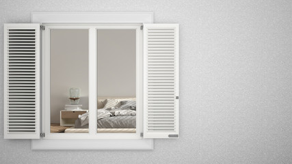 Exterior plaster wall with white window with shutters, showing interior bedroom with double bed, blank background with copy space, architecture design concept idea, mockup template