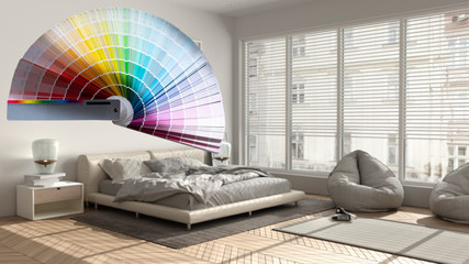 Color palette samples over modern bedroom with parquet floor. Double bed with big panoramic window,...