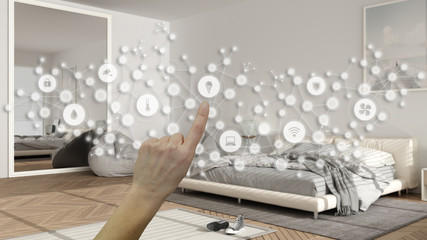 Glowing smart home interface, geometric background, connected line and dots showing internet of things system, hand pointing icons over bedroom interior, home automation concept