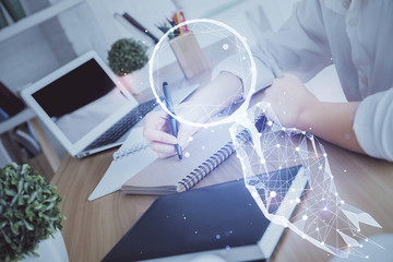 Start up creative drawing over close up hands on background. Concept of brainstorming. Multi...