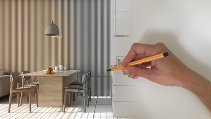 Architect interior designer concept: hand drawing a design interior project while the space becomes real, classic modern white and wooden kitchen with island and chairs