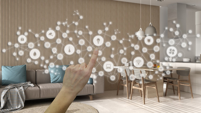 Glowing smart home interface, geometric background, connected line and dots showing internet of things system, hand pointing icons over living room interior, home automation concept