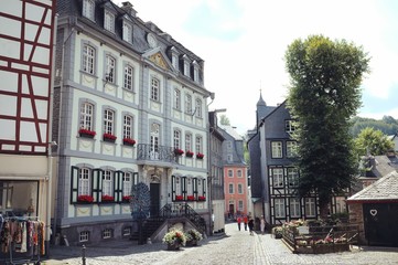 Fototapeta premium The historic half medieval timbered houses of pretty Monschau in Germany