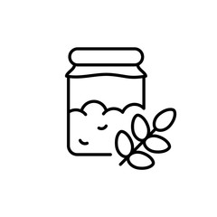 Yeast starter in glass jar with ear of wheat. Line art icon of fresh raw sourdough for bread. Black pictogram of fermentation process with natural ingredient. Contour isolated vector, white background - 373257446