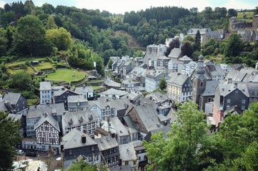 A view overlooking The historic half timbered houses of pretty Monschau's medieval centre.