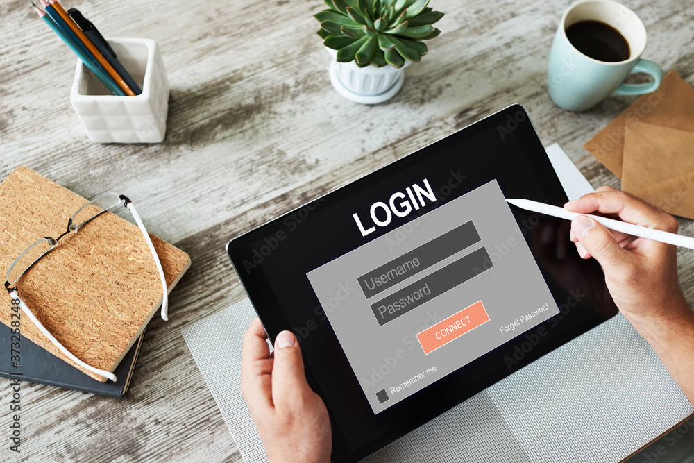 Poster access window. enter login and password. cyber protection. information privacy. internet and technol