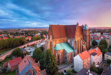 Strzegom, Poland. Aerial view of Saints Peter and Paul Basilica on sunset