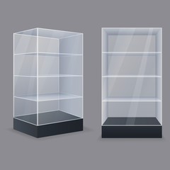 3d empty transparent glass showcase with podium on simple background

